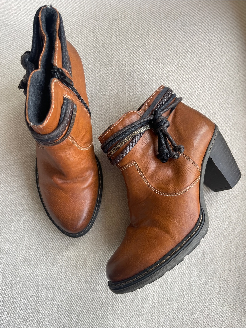 Rieker | Cognac Brown Leather Heeled Ankle Boots with Braided Wrap | 37